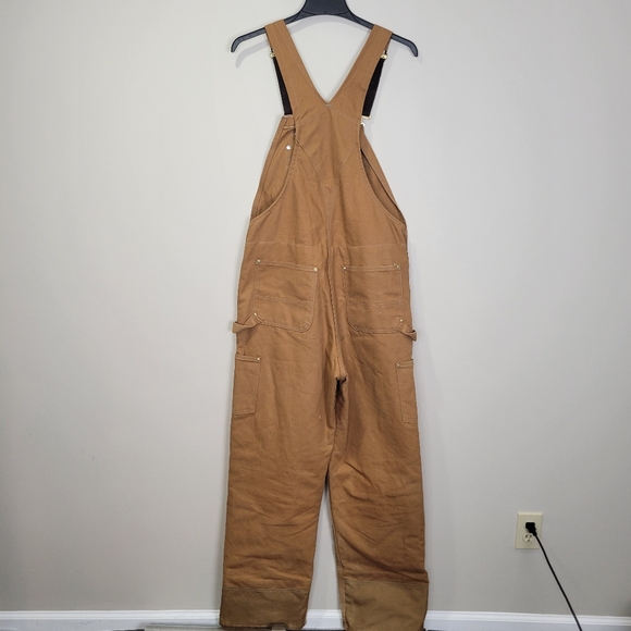 Carhartt Bib Overalls Mens 34x34 Tan Double Knee Canvas Duck Zip To Thigh - Picture 2 of 14
